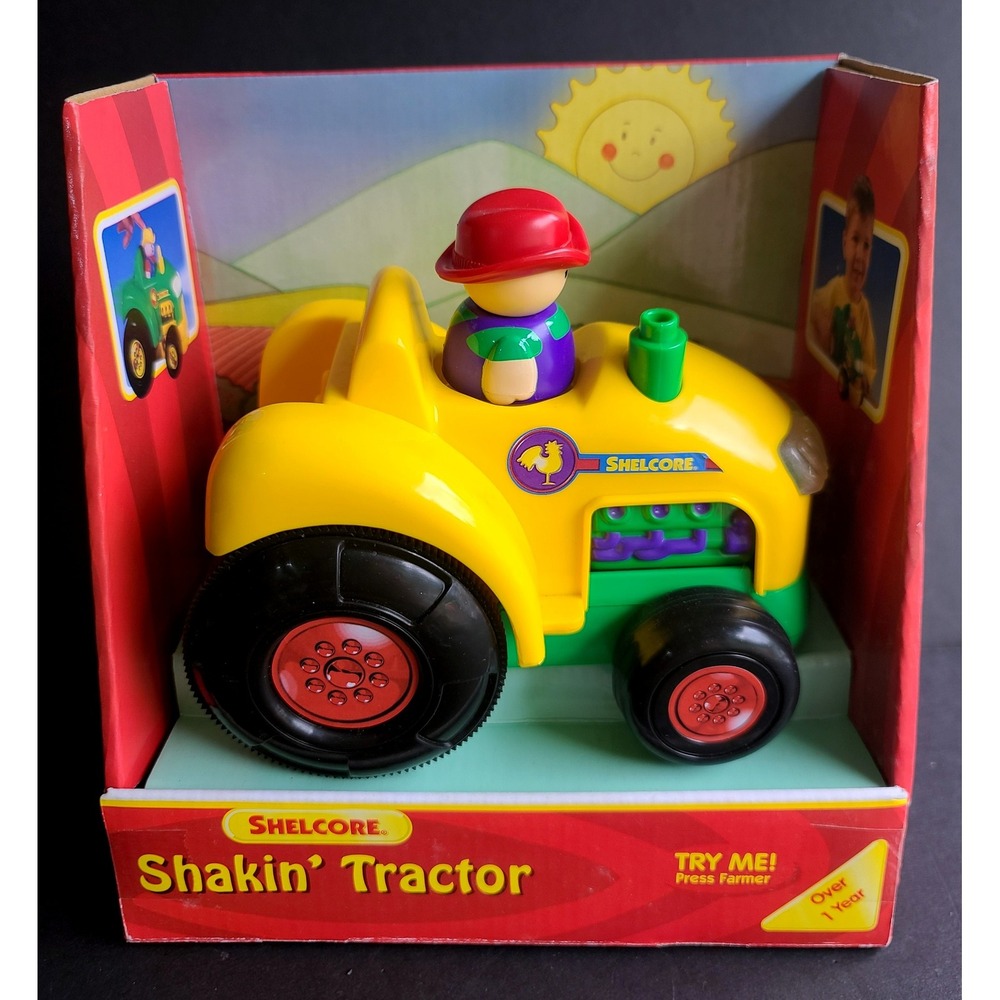 Shakin Tractor Playset Yellow Green Farmer Lights Flash Vintage Shelcore Toy NIB